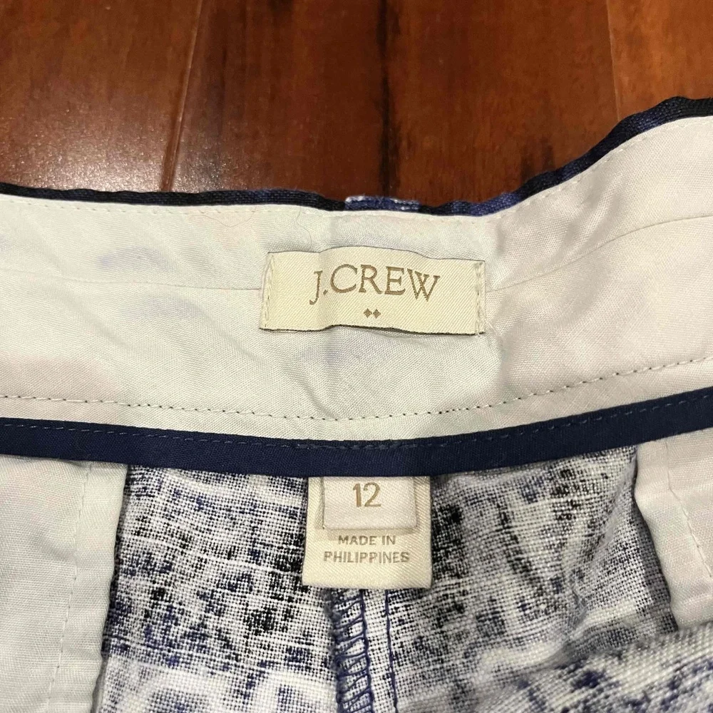 J Crew Blue White Shorts Linen Cotton Tie Dye Geo Pattern Zip Hook Closure Sz 12